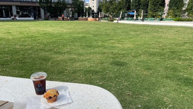 テイクアウトした朝ごはんと公園