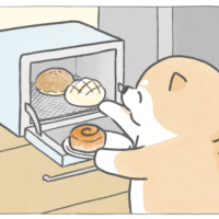 【四コマ漫画】トースター「チーン」で至福の朝♪香りにうっとり、おしばの朝ごはん