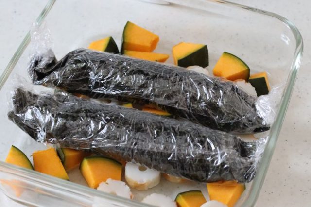 海苔で巻いた鶏ささみとかぼちゃ