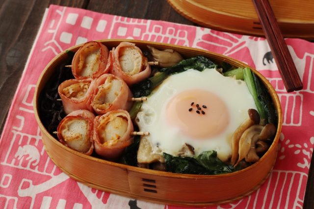 「きのこと小松菜の巣ごもり卵」「ベビーホタテベーコン巻」