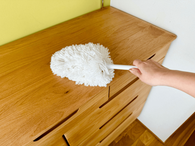 棚の上をハンディモップで掃除