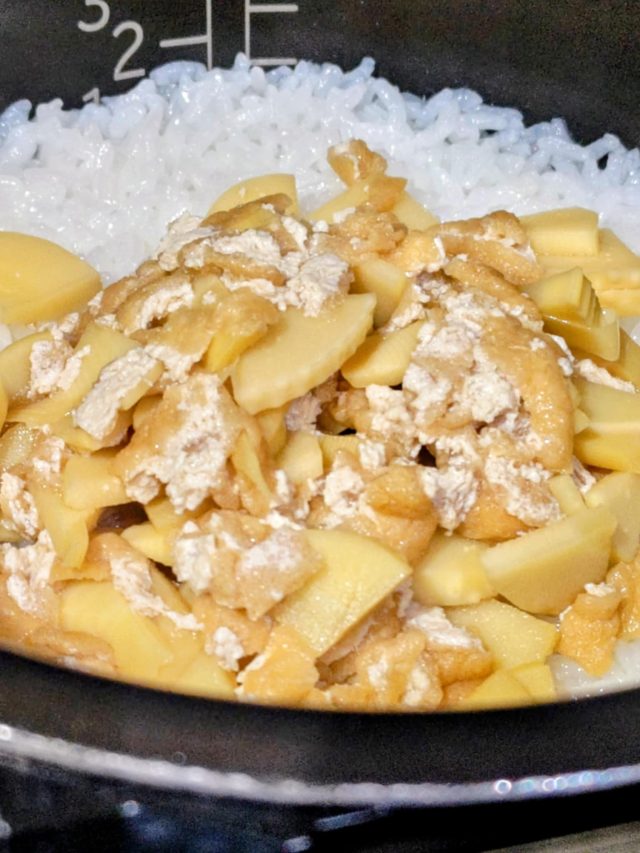 ご飯の上にのせた筍と油揚げ