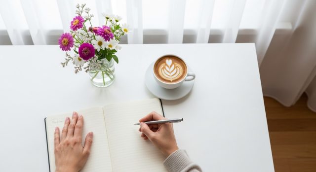 窓際でノートを書く手元