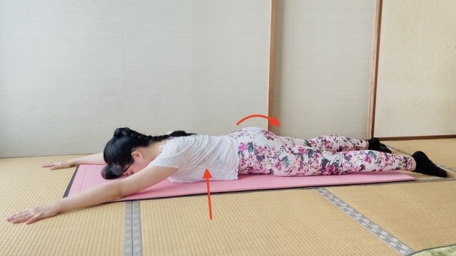 うつ伏せでお腹を引き上げ、腰に負担をかけない姿勢