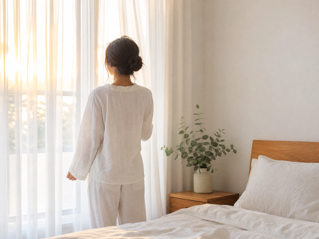 窓辺に立つ女性